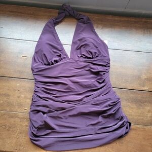 NWT Magicsuit Ruched Halter Sexy Plunge Mesh Tankini Top sz 10 Fig Purple